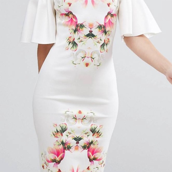 True Violet Off Shoulder Pencil Dress Frill Sleeve - Picture 2 of 5